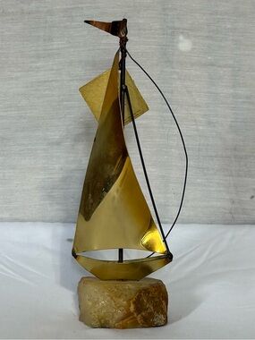 DeMott Brass Sailboat Sculpture Onyx Base MCM California Art NWT